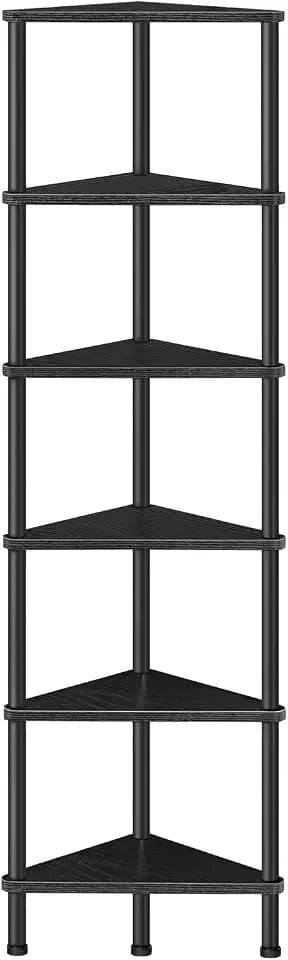 HOOBRO Corner Shelf Stand, Industrial 6-Tier Corner Bookshelf with Metal Frame, Bookcase, Plant Display Stand for Small Spaces, Living Room, Black BK36CJ01