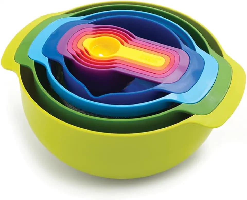 Joseph Joseph Nest 9 Plus, 9 Piece Compact Food Preparation Set with Mixing Bowls, Measuring cups, Sieve and Colander, MultiColor