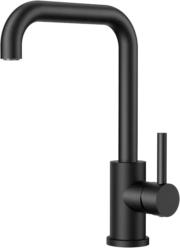 FORIOUS Wasserhahn Küche, Küchenarmatur mit 360°Drehbar, L Förmige Mischbatterie Küche Spülenarmatur mit Einhebel für 1 Loch, Geeignet für den Einsatz in Familienküchen, Wohnmobilen, Matt-schwarz