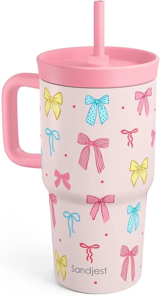 SANDJEST Bow Stainless Steel Tumbler 20oz with Handle and Silicone Straw Locking Lid for Kids Girls, Birthday Christmas Back to School