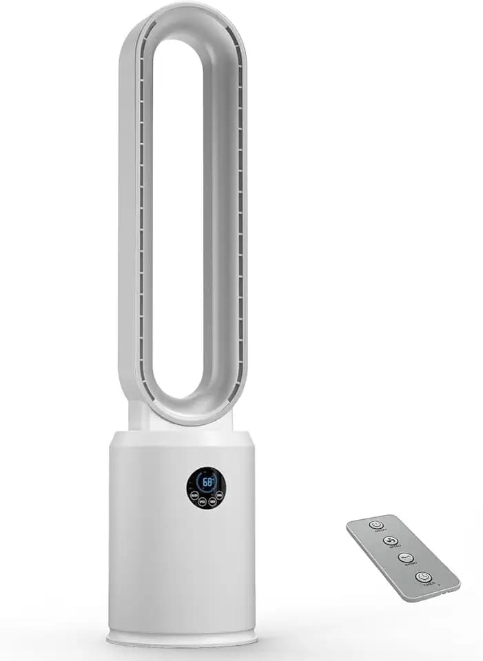 EZ-CHILL 40" Bladeless Tower Fan for Bedroom with Remote Control, 9H Timer, Wide Area Oscillation, Push Button Digital Display, 3 Speed Home Floor Fan, White/Silver