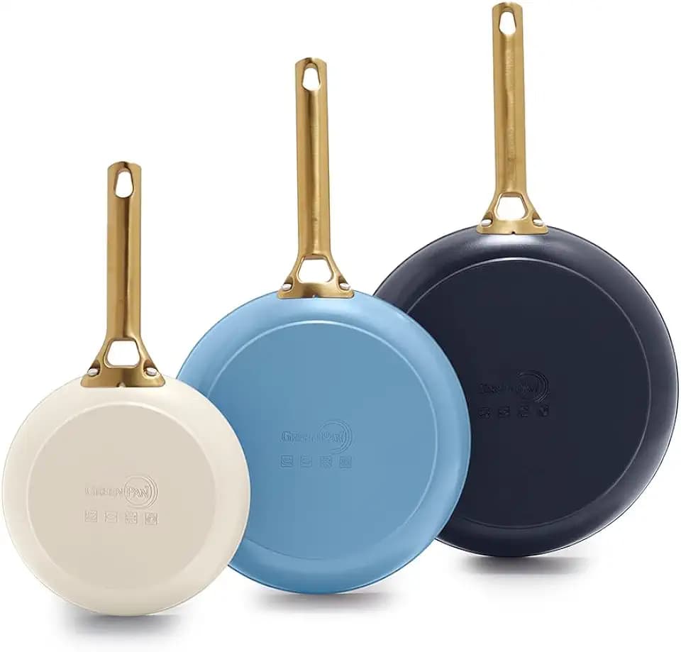 GreenPan 8" 10" and 12" 3 Piece Frying Pan Skillet Set, Hard Anodized Ceramic Nonstick, PFAS-Free, Gold Handle, Dishwasher Safe, Oven Safe, Blue and Cream Mix