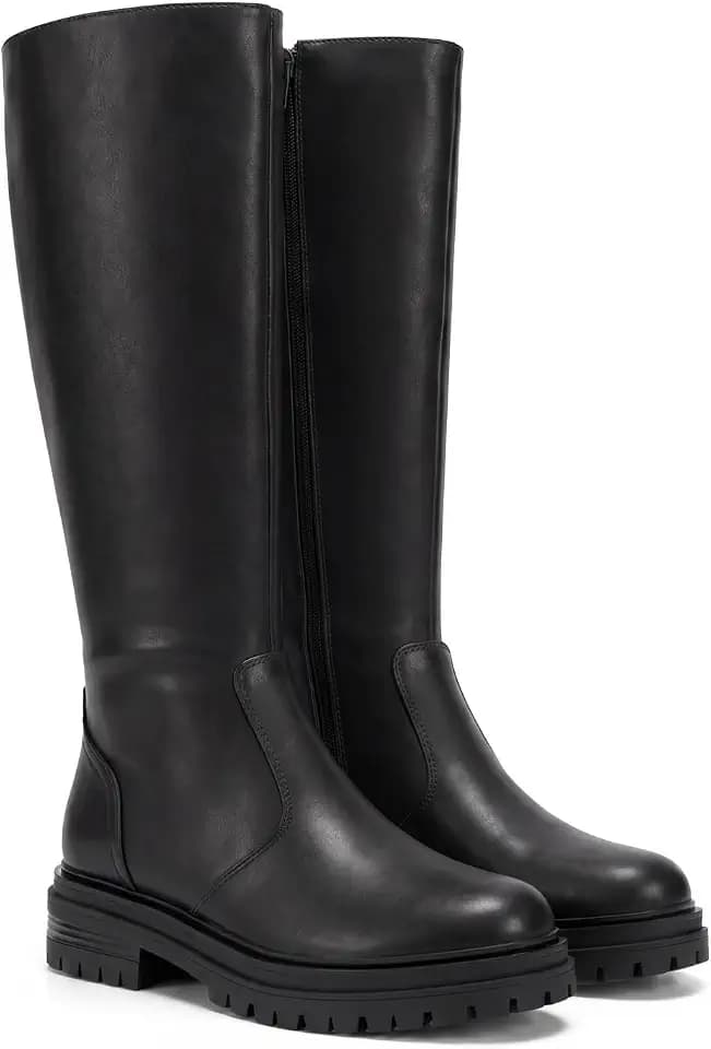 Coutgo Womens Knee High Boots Platform Chunky Low Heel Lug Sole Zip Boots