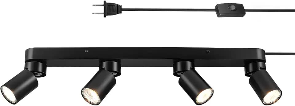 Globe Electric Plug-in Track Lighting, 4-Light Adjustable Track Bar, Matte Black 24-Inch Fixture with 15-Foot Cord, Modern Ceiling Light for Apartments & Rentals