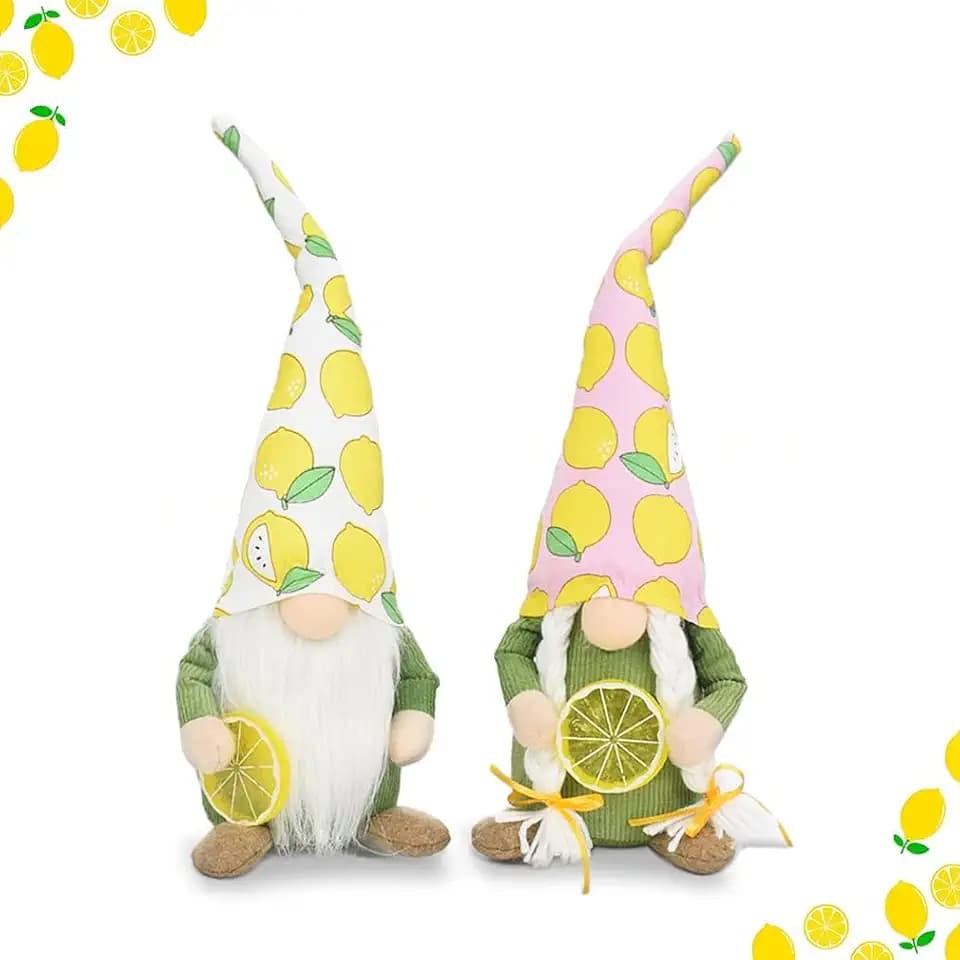 Exquisite Summer Gnomes Home Decoration Set of 2 Novelty Gnome Gifts - 15.5" Stuffed Gnome Plush Holding 3D Lemon Slices, Rustic Farmhouse Kitchen Tiered Tray Wedding Party Decor