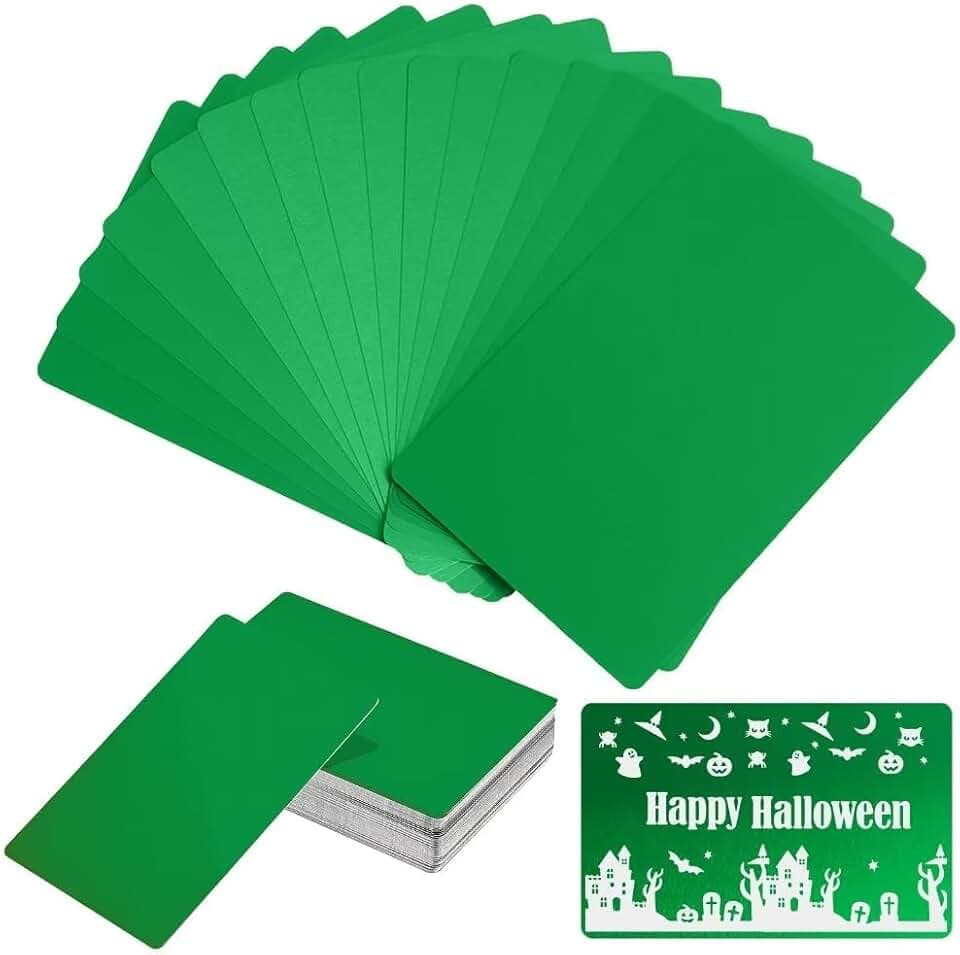 50pcs/Set 0.4mm thickness Aluminum Metal Business Cards DIY Engraving Card Home Office Supplies Aluminum Blank Laser Blanks for Engraving(Green)