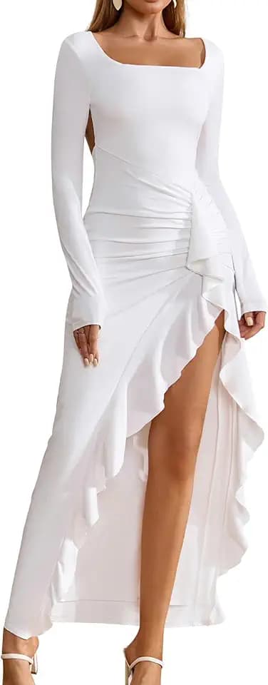GLNEGE Women Long Sleeve Backless Bodycon Formal Maxi Dress Square Neck Ruffle Slit Wedding Guest Cocktail Dresses Fall
