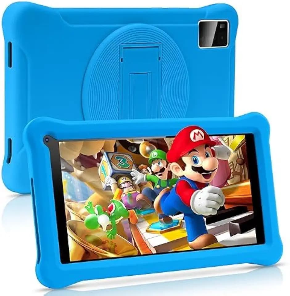 Kinder-Tablet 7 Zoll Android 13 Tablet mit GMS zertifiziert, 8 (3 + 5) GB RAM 64 GB ROM (TF-Karte 128 GB), Apps vorinstalliert, WiFi Kindersicherung, Lerntablet mit Kid-Proof Schutzhülle (blau)