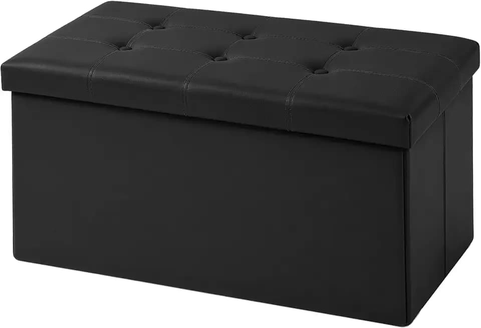30 Inches Folding Storage Ottoman Bench, Faux Leather Footstool Ottoman, Storage Trunk Footrest for Bedroom, Living Room and Hallway, Support 350lbs, Black(Black line)