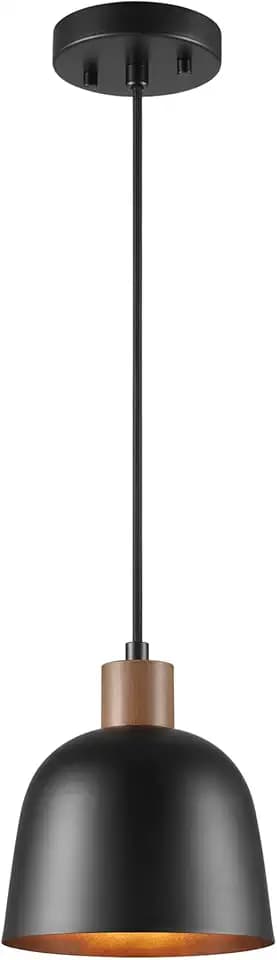 Globe Electric 67000193 1-Light Pendant Lighting, Matte Black, Wood-Toned Accent on Socket, 5ft Black Fabric Cord, Home Improvement, Kitchen, Living Room, Hanging Ceiling Light