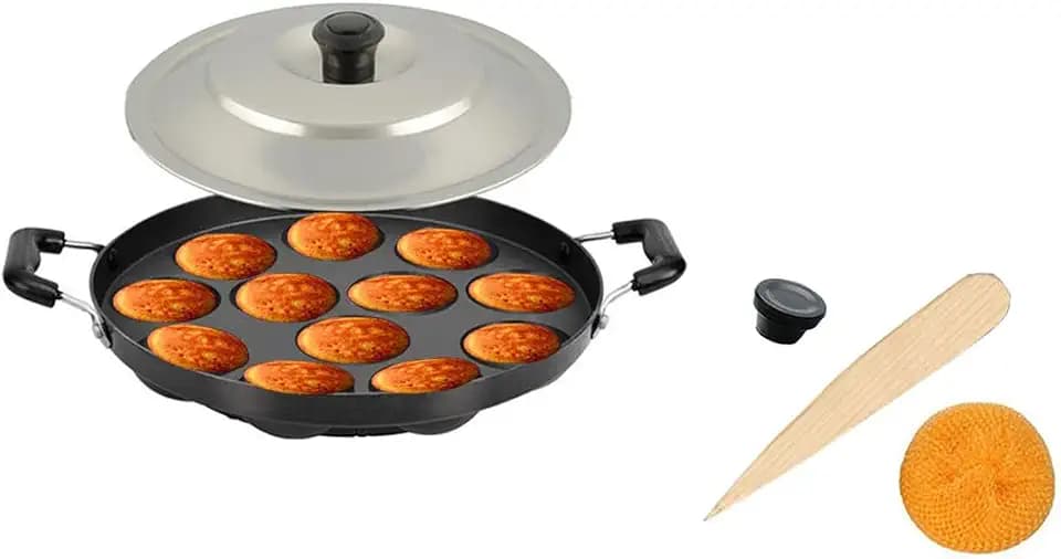 Satre Online And Marketing Non Stick Aluminium Appam Pan with Steel Lid, 12 Pits, Black & Silver