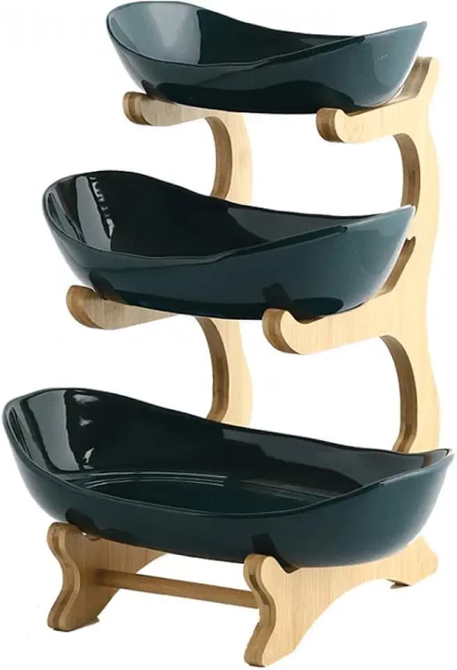 XUDREZ 3-Tier Ceramic Fruit Basket with Bamboo Tray, Large Capacity
