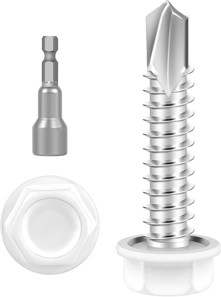 #8 x 1 (100 PCS) White Head Sheet Metal Screws, Hex Washer Head Self Drilling Screw, Flanged Hex Fast Self Tapping Screws, Carbon Steel, Full Thread, Hex Bit Socket Included