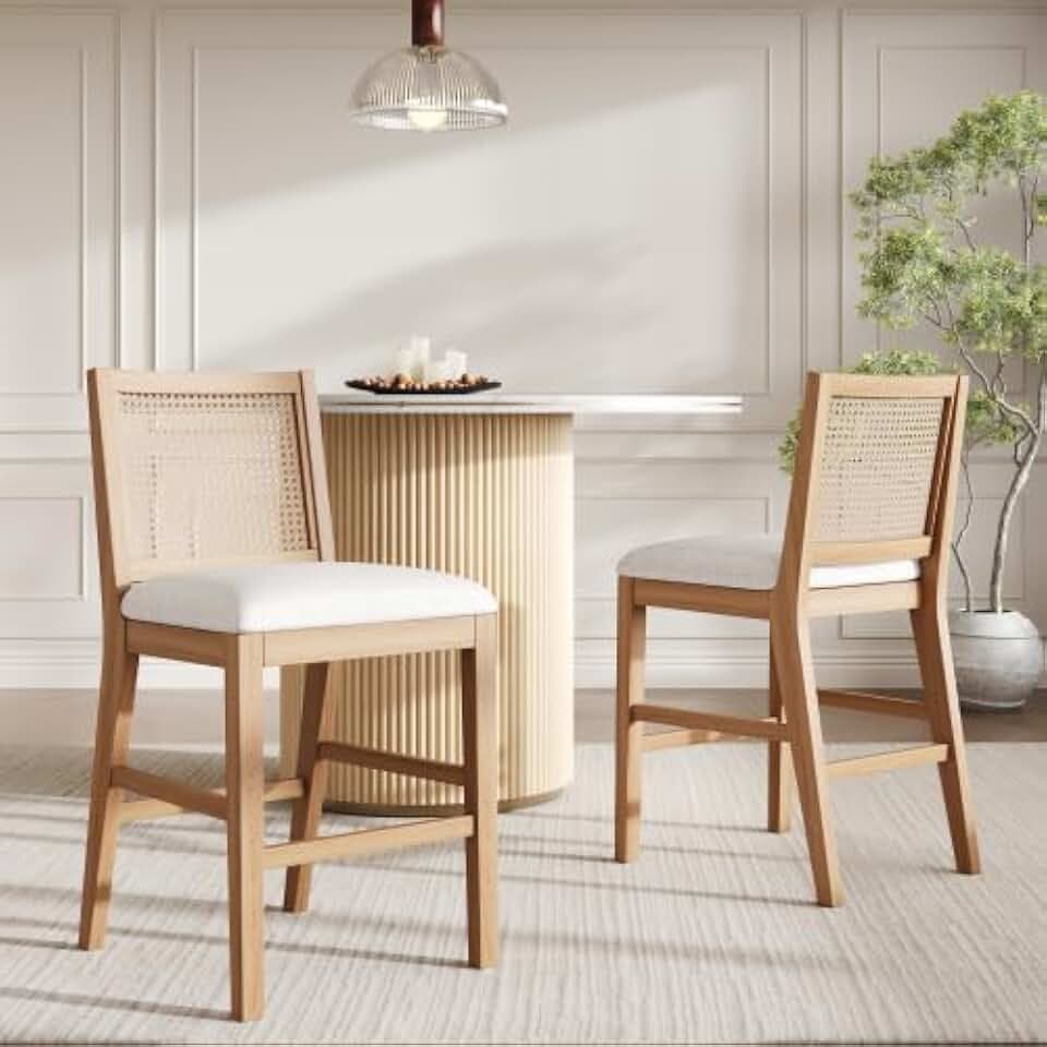 Christopher Knight Home Natural Rattan Counter Stools Set of 2, 26 Inch Seat Height Solid Wood Bar Stools with Handwoven Backrest and Grey Cushion, Modern Coastal Kitchen Island Chairs, Natural