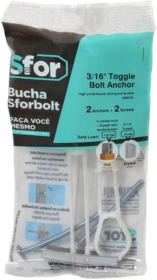 Pack of 4-2 Anchors + 2 Bolts - SFOR - 3/16" Toggle Anchor with Bolts - Heavy-Duty Drywall Anchors, Drywall Bolts, Wall Anchors and Bolts for Drywall, Anchors with Phillips Self Tapping Bolts