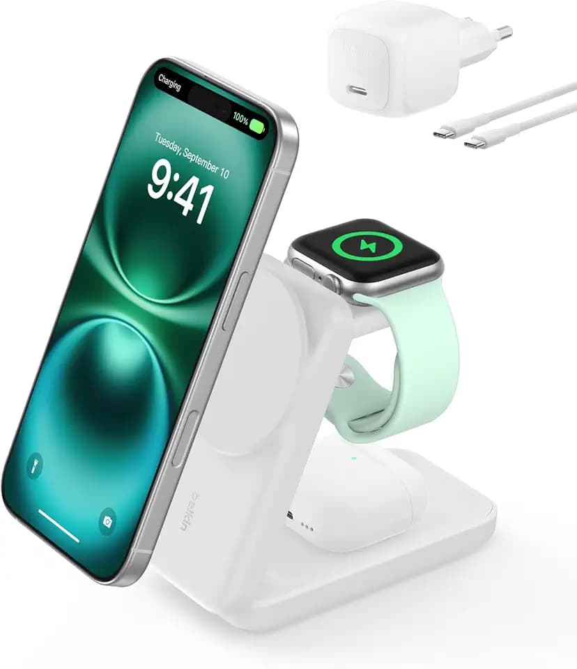 Belkin UltraCharge 3-in-1 Induktive Ladestation mit Qi2, 25W – Weiß