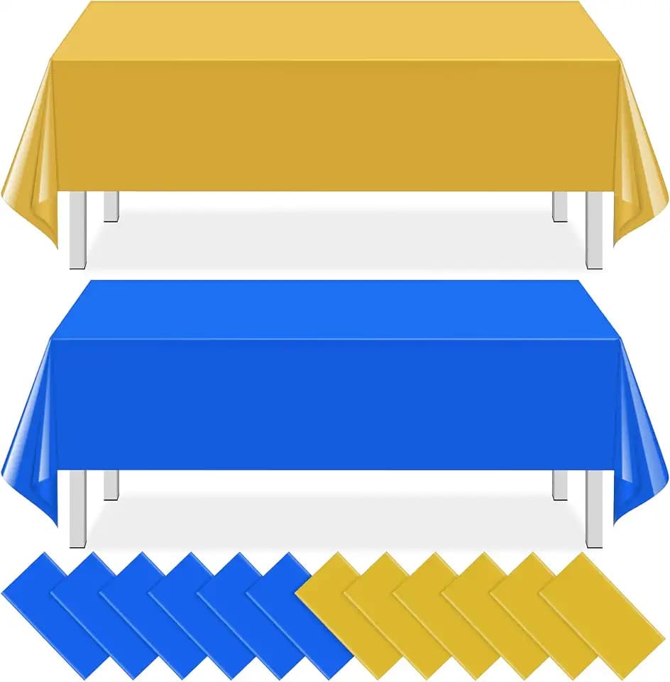 MASHAN 12 Pcs Blue and Gold Plastic Tablecloths Bulk,54 x 108 Inch Disposable Rectangle Party Table Cloth Waterproof Table Cover for Birthday Wedding Anniversary Graduation Party Decorations Supplies