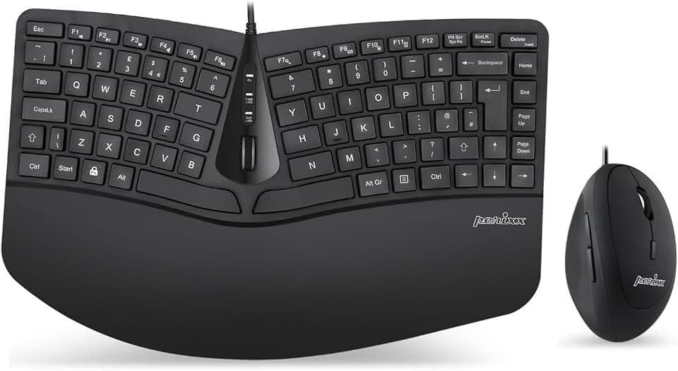 Perixx Periduo-406 Kabelgebundene Mini-Tastatur und vertikale Maus, Kombination mit Verstellbarer Handballenauflage und flachen Membran-Tasten, UK-Layout