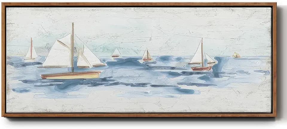 Renditions Gallery Abstract Wall Art Paintings for Decorations Misty Boats on the Water Floater Frame Artwork Paintings for Restaurants Lounge Lobby - 12"x30" Walnut Frame LT610