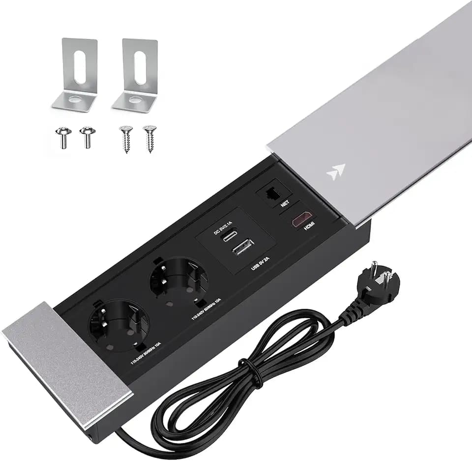 CHENGPI Tischsteckdose,Unterputz-Steckdose mit 2 Steckdosen+USB+Type C PD20W + HDMI TD Netzwerkschnittstelle,Aluminium Tischplatte Schiebedeckel Versenkte Steckdose Schwarz,1.8M Kabel
