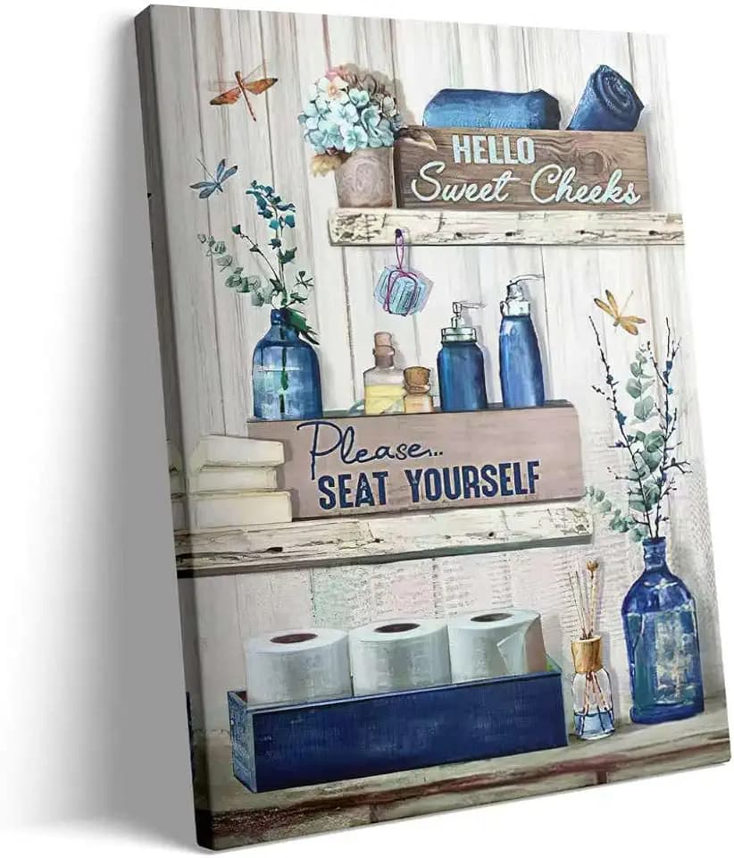 BJVJKSU Navy Blue Bathroom Decor Wall Art Rustic Blue Bathroom Canvas Wall Decor Please Seat Yourself Sign Print Painting Vintage Aesthetic Picture Artwork Decor(12x16in)