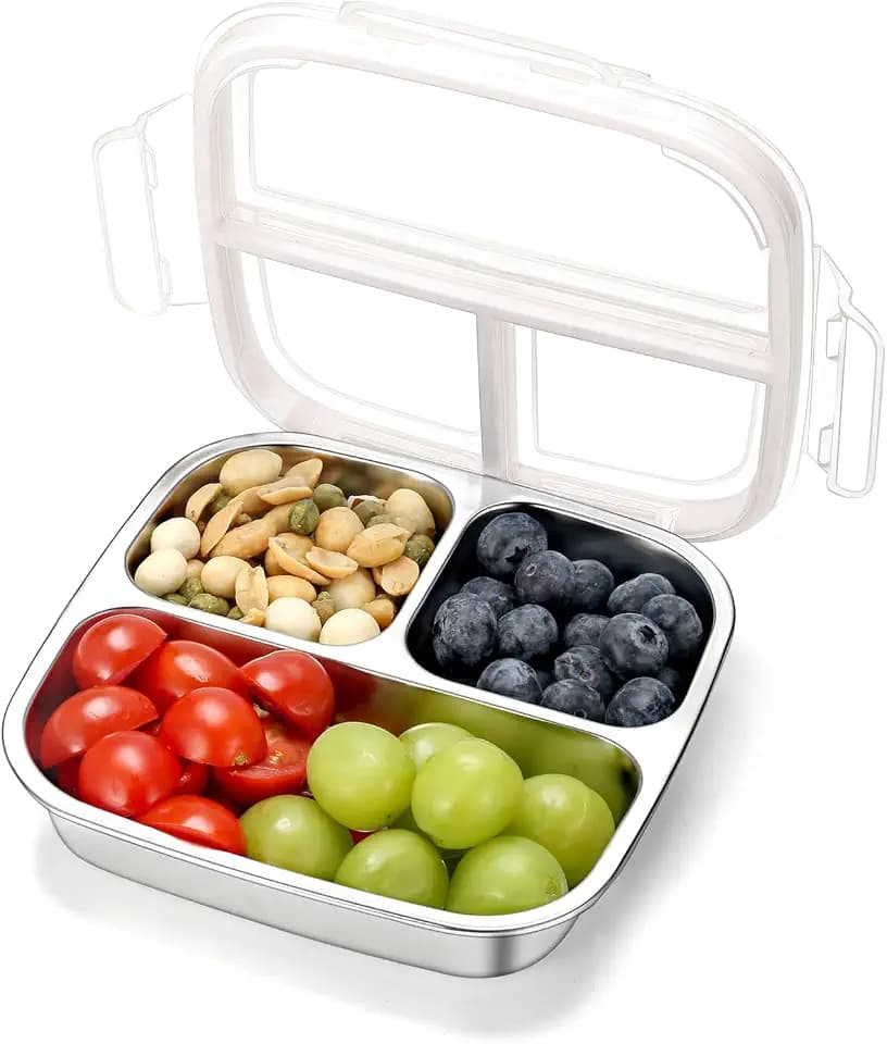 Stainless Steel Snack Containers for Kids, 3 Compartments Reusable on the go Bento Box with Lids, Toddler Lunch Box Meal Prep Containers for Daycare School Outdoor Camping Travel - White