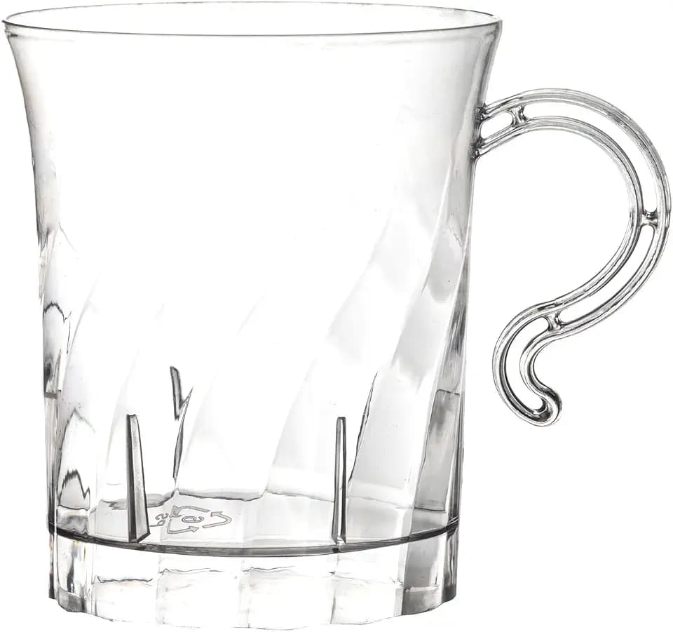 Party Essentials Elegance 8 oz Clear Hard Plastic Coffee & Punch Mugs with Handle – 40-Count Stackable Disposable Cups for Parties, Weddings, Catering, Buffets & Events