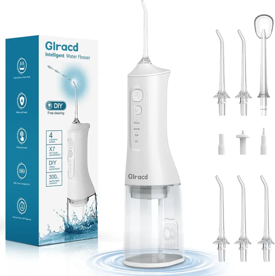 Glracd Munddusche Testsieger 2025, 4 Modi Professionelle Water Flosser, munddusche kabellos 300ML Tank, Zahnzwischenraumreiniger mit 6 Jet-Tipps des Wasserdrucks für die Mundreinigung und Zahnspange