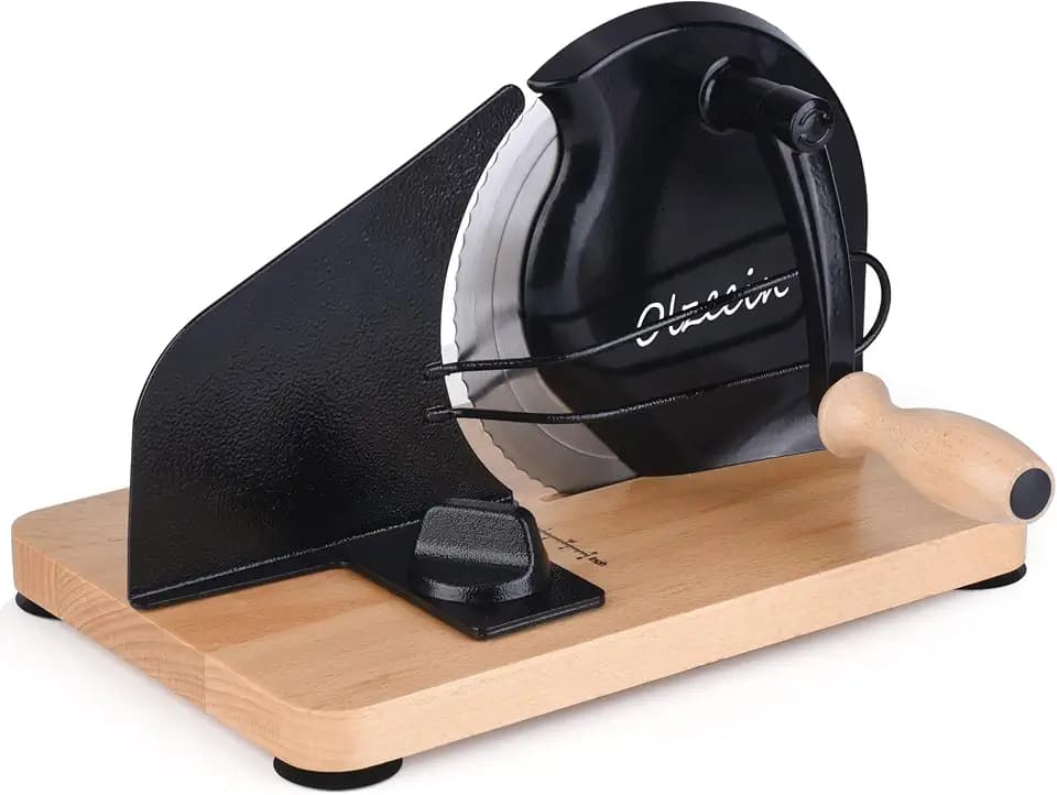 Manual Bread Slicer for Homemade Sourdough, Hand Crank Bread Cutter with Adjustable Thickness, Solid Wood Base & Suction Cup, Stainless Steel Blade, Scale Line Guide (Black)