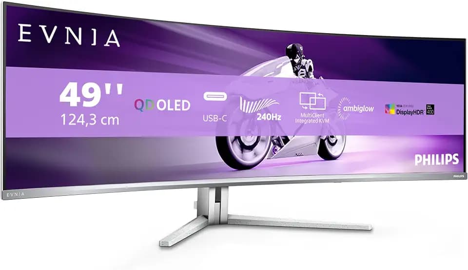 Philips Evnia 49M2C8900AM 49 zoll Curved, DQHD USB Hub Gaming Monitor, 240Hz, QD-OLED Panel, 0.03ms GtG, HDR400 TB, FreeSync Prem.Pro, Höhenverstellung,Lautsprecher(5120x1440 HDMI 2x 2.1 DP1x 1,4)Grau