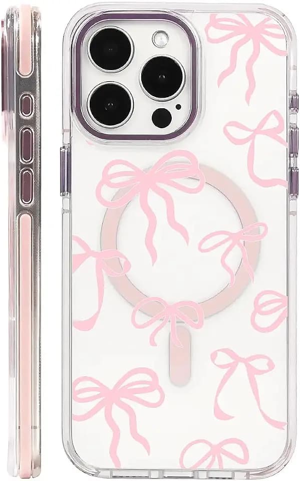 for Magnetic Clear Case for iPhone 13/14 Compatible with Magsafe,Pink Bow Phone Case,Soft Silicone Shockproof Protective Cover for iPhone 13/14-(Pink)