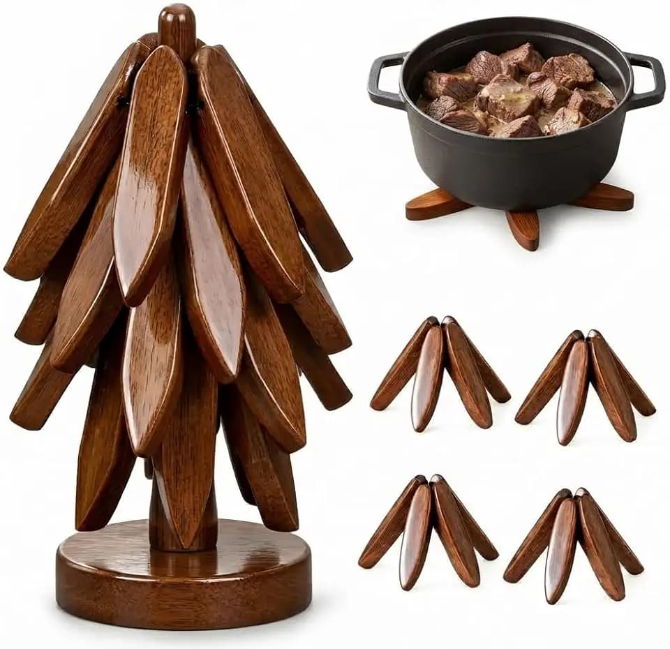 Wooden Trivet Tree - 4 Detachable Walnut Trivets for Hot Dishes and Pots, 8.9 Inch Heat Resistant Wood Hot Pad and Coaster Set, Decorative Farmhouse Kitchen Table Protector