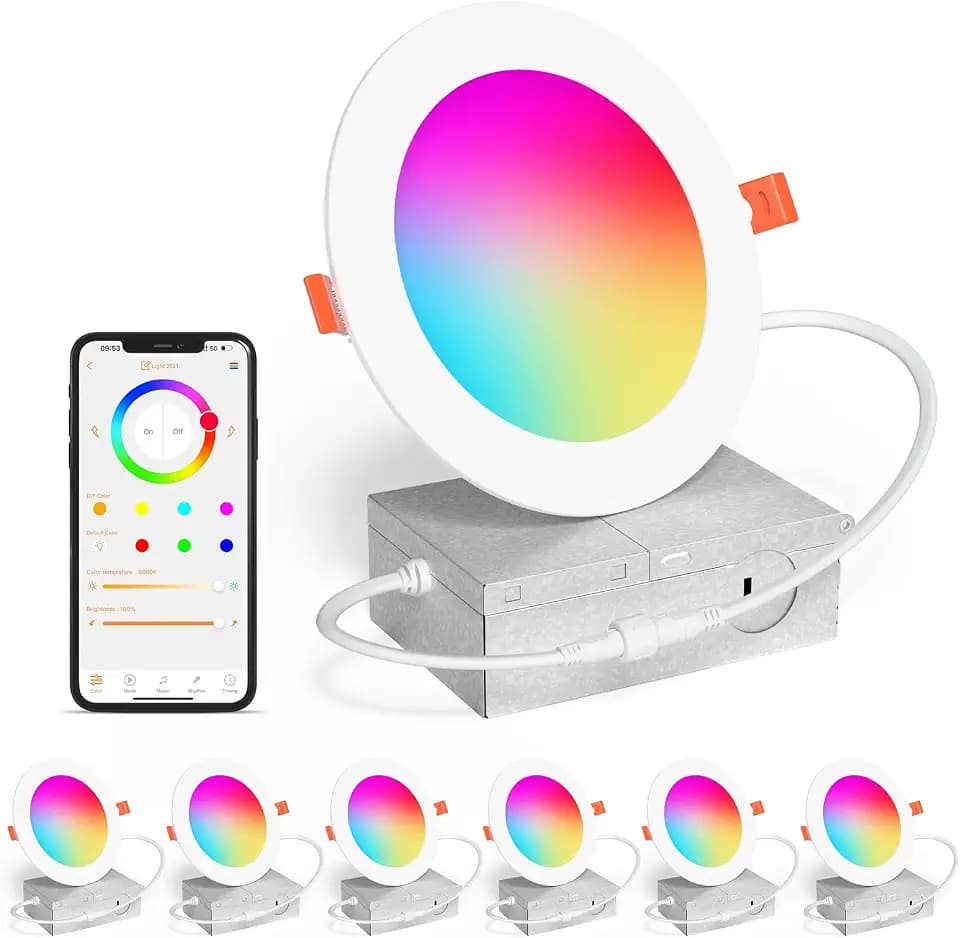 SikSog Smart Recessed Lighting 4 Inch RGBCW Color Changing 12W LED Downlight with Junction Box,1100 Lumen Recessed Ceiling Light Compatible with Alexa,Dimmable by Bluetooth Control -6Pack