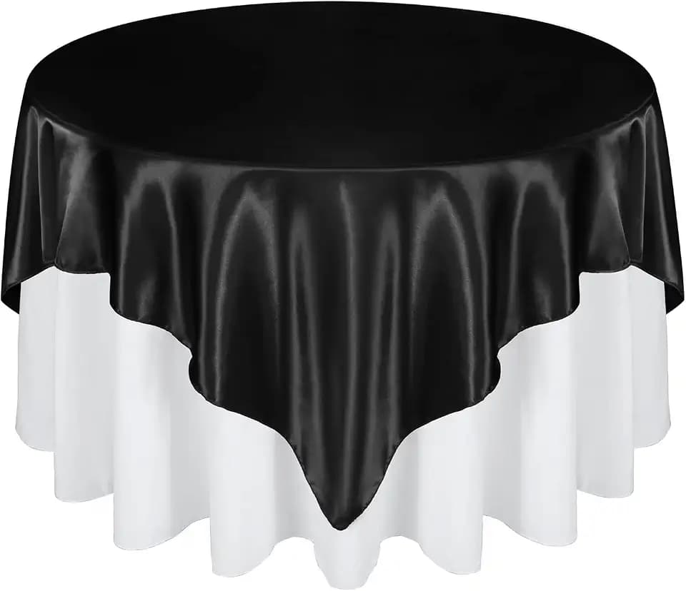72 Inch Satin Square Tablecloth Overlay, Black, 6 Pcs