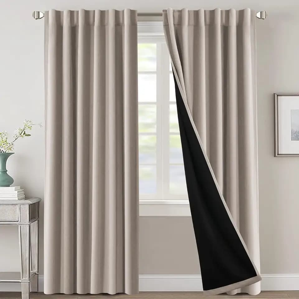 H.VERSAILTEX 100% Blackout Curtains 90 Inch Long 2 Panels Black Liner Full Room Darkening Thermal Insulated Back Tab Rod Pocket Window Drapes for Bedroom Living Room, Natural Sand