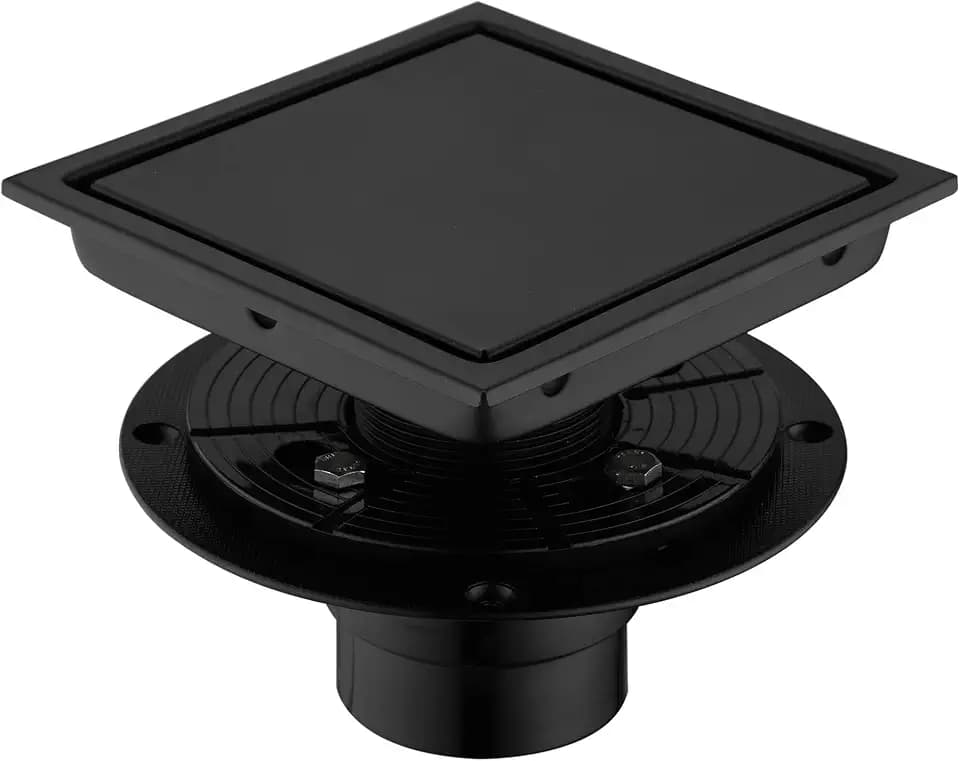 6 Inch Square Design Tile-in Shower Drain with Adjustable Shower Drain Base Flange, SUS 304 Stainless Steel Floor Drain with Tile Insert Grate Removable Cover, Matte Black