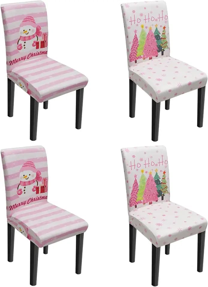 Christmas Chair Covers Set of 4, Xmas Tree Snowman Dining Chair Covers for Party Kitchen Removable Seat Cover for Chairs Christmas Decorations Indoor
