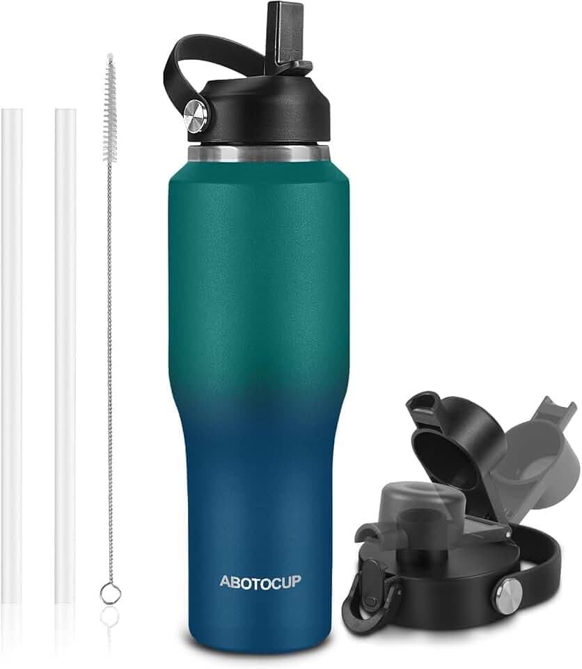 ABOTOCUP Insulated Water Bottle 32oz with Straw/Spout Lids, Stainless Steel Water Bottles Keep Cold 24h&Hot 12h, Metal Water Bottle with Straw that Fits in Cup Holder, Water Bottle Leak-proof,BPA Free