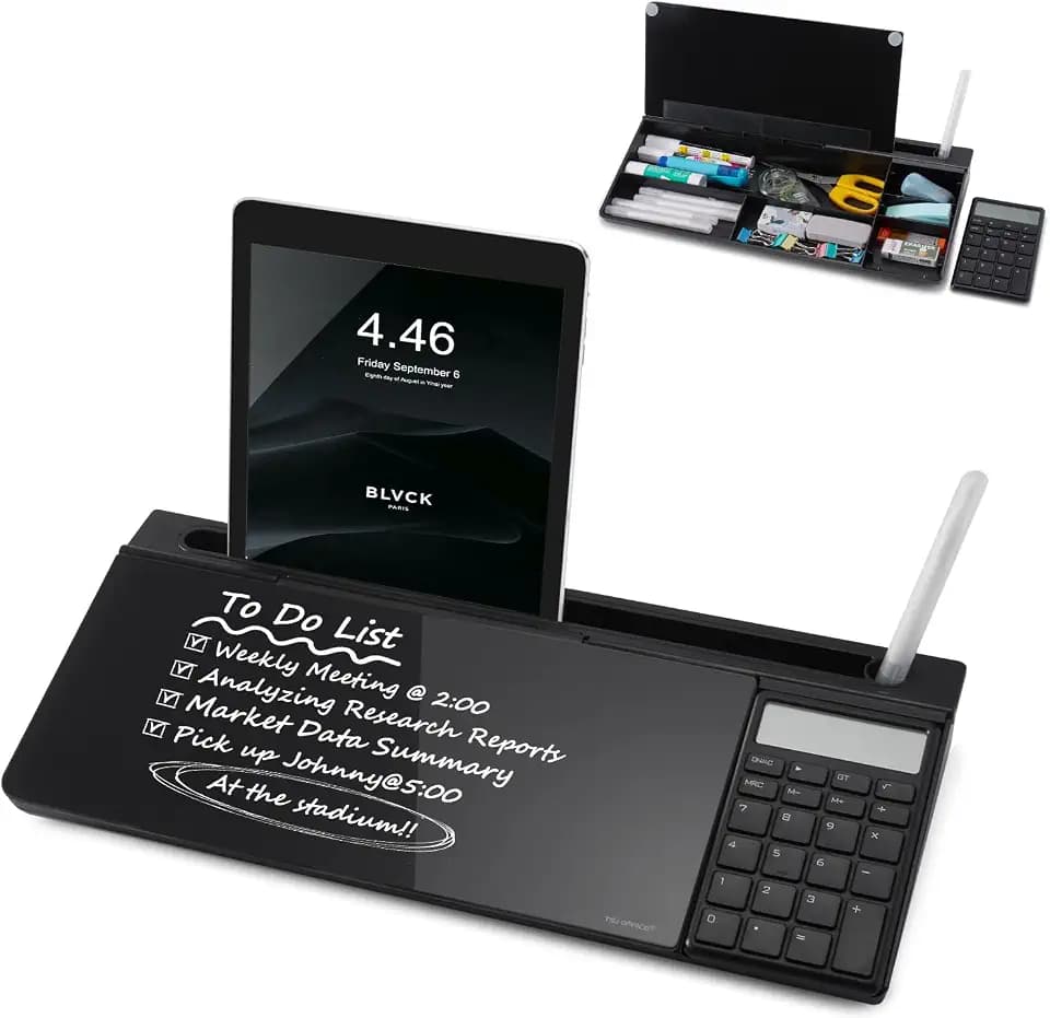Small Glass Desktop Whiteboard Dry-Erase-Board - Computer Keyboard Stand with Calculator White Board Surface Pad with Drawer, Desk Organizers with Accessories for Office, Home, School Supplies - Black