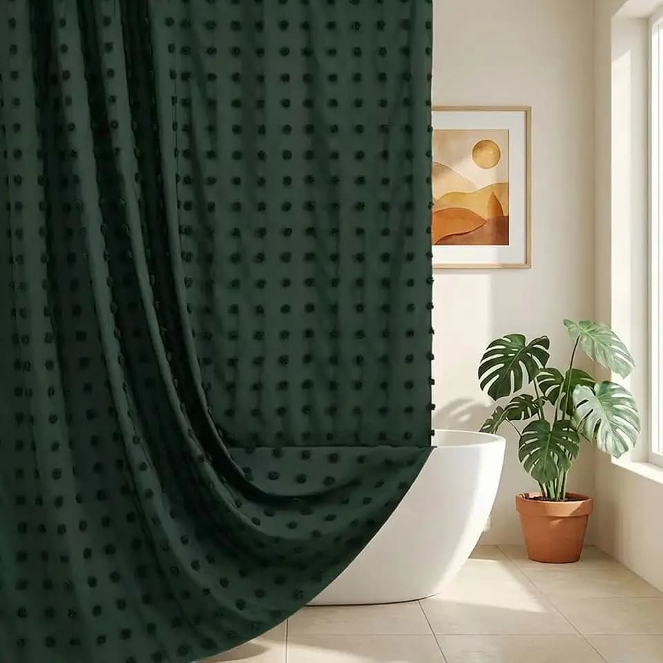 Boho Farmhouse Dark Green Shower Curtain Woven Fabric Shower Curtain, 72 x 72 Tufted Pleat Floral Puffs Textured Modern Farmhouse Minimalist Hunter Green Shower Curtain Set with Hooks for Bathroom