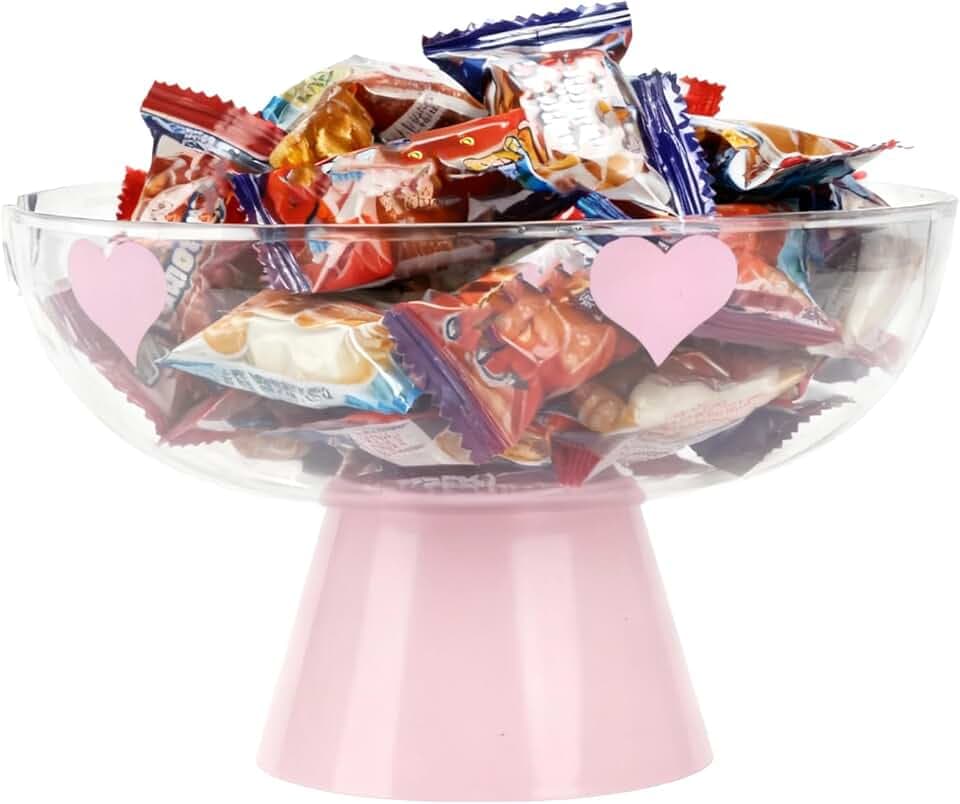 Candy Bowl with Pedestal Base, Decorative Clear Plastic Bowl with Cute Pattern for Candy, Fruit, Vegetable, Coffee Pods, 9.5x9.5x6 Inches (Pink)