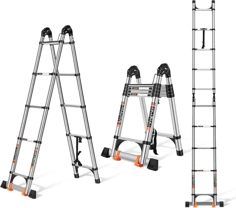 Telescoping A Frame Ladder 12.5 Ft, Collapsible Ladder with Hooks, Multi-Position Folding Step Ladder – Heavy Duty 330 lbs, Telescopic Extension Ladder for Home, RV, Roof, Travel, Storage
