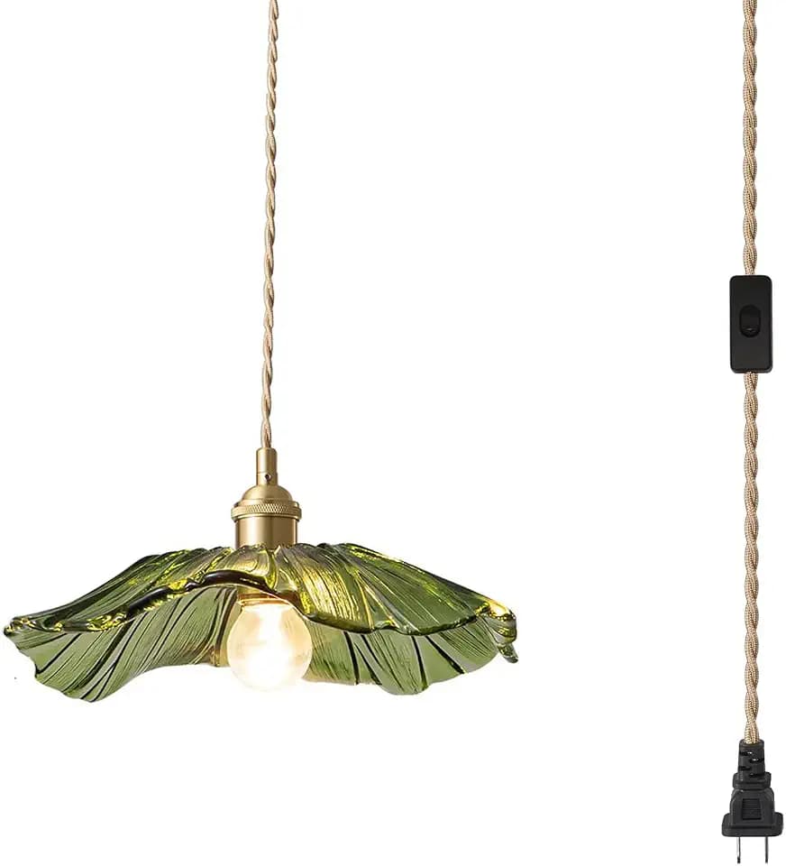Plug in Pendant Light Fixtures Modern Style Green Glass Pendant Lights 14ft Hemp Rope Cord Flower Lampshade and Gold Brass Finish with Switch ON/Off Pendant Ceiling Lamp for Farmhouse(Green)