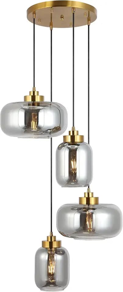 SAFAVIEH Lighting Collection Equinox Smoke Grey/Brass 4-Light Adjustable Pendant Hanging Light Fixture, Ideal for Dining Room, Kitchen Island, Entryway (LED Bulbs Included)