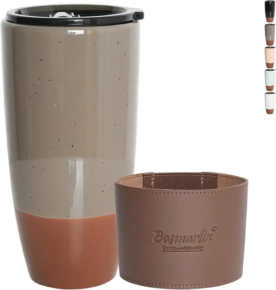 Bosmarlin Ceramic Travel Coffee Cup with Lid, 21 oz, Portable Coffee Mug for Car Cup Holder, Microwave and Dishwasher Safe, Reactive Glaze (Grey)