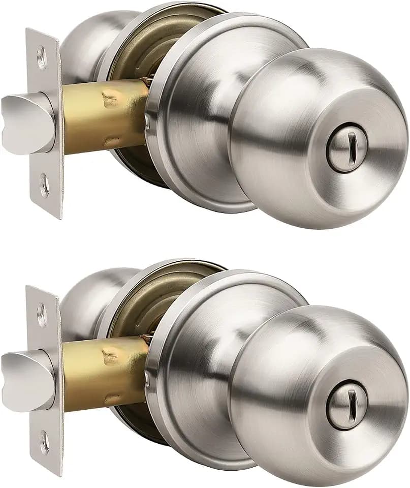 Knobonly 2 Pack Privacy Door Knobs Satin Nickel, Keyless Door Knobs Interior for Bedroom and Bathroom, Round Door Handles Stainless Steel, Classic Design