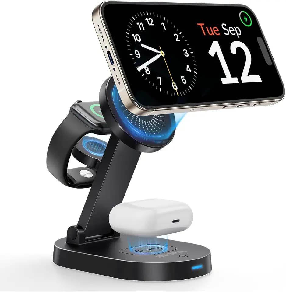 iDsonix 3-in-1-Kabelloses Ladegerät für iPhone, 18 W schnelles magnetisches Telefonladegerät mit verstellbarem Ständer und Licht, Mag-Safe-Ladeständer für iPhone 16-12-Serie, Airpods, iWatch, Schwarz