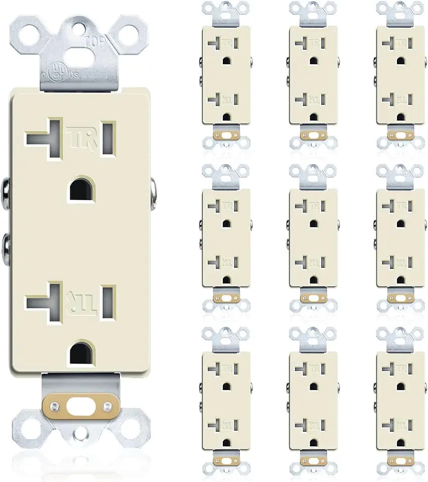 Duplex Receptacle Electrical Outlet, 20A Ivory Decorator Receptacle, Standard Residential Grade, Tamper-Resistant 2 Pole 3 Wire, Self-Grounding, Child Proof, Commercial Use, UL Listed, Ivory, 10 Pack