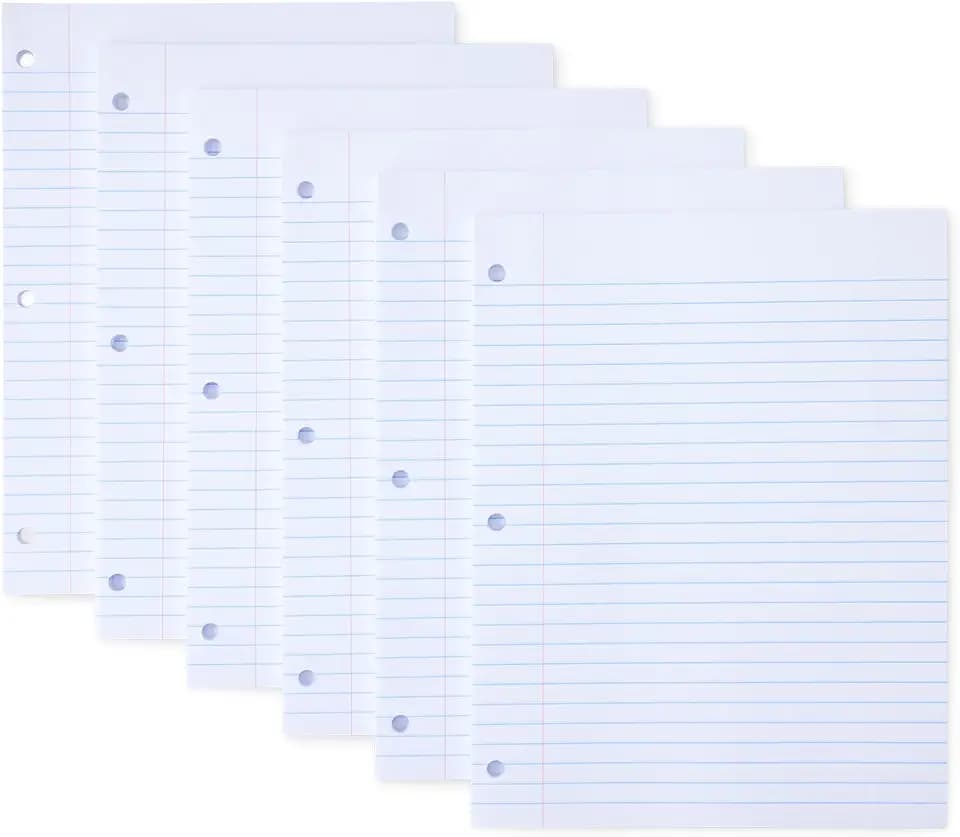 Amazon Basics Wide Ruled Loose Leaf Binder Paper for School or Office, 10.5" x 8", 100 Sheets, White, 6-Pack