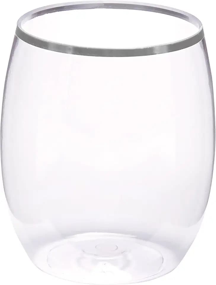 WNA Reserv 12oz Clear Plastic Stemless Wine Glasses, 64-Pack, Silver Rim For Added Style, Disposable or Reuse, Elegant Shatterproof Drinkware, Shatter Resistant PET